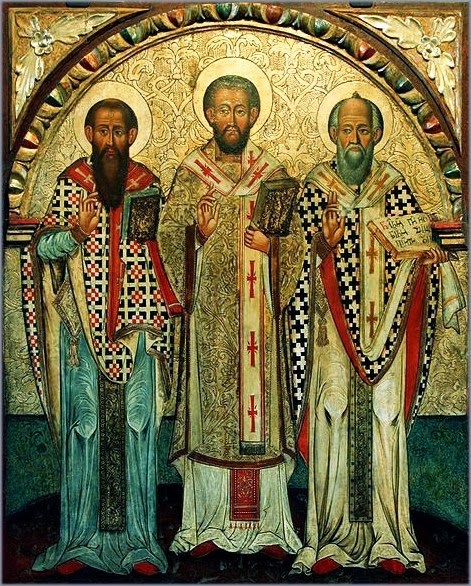 Icon Image of Cappadocian Fathers gilded showing three men with hands raised at sides. 