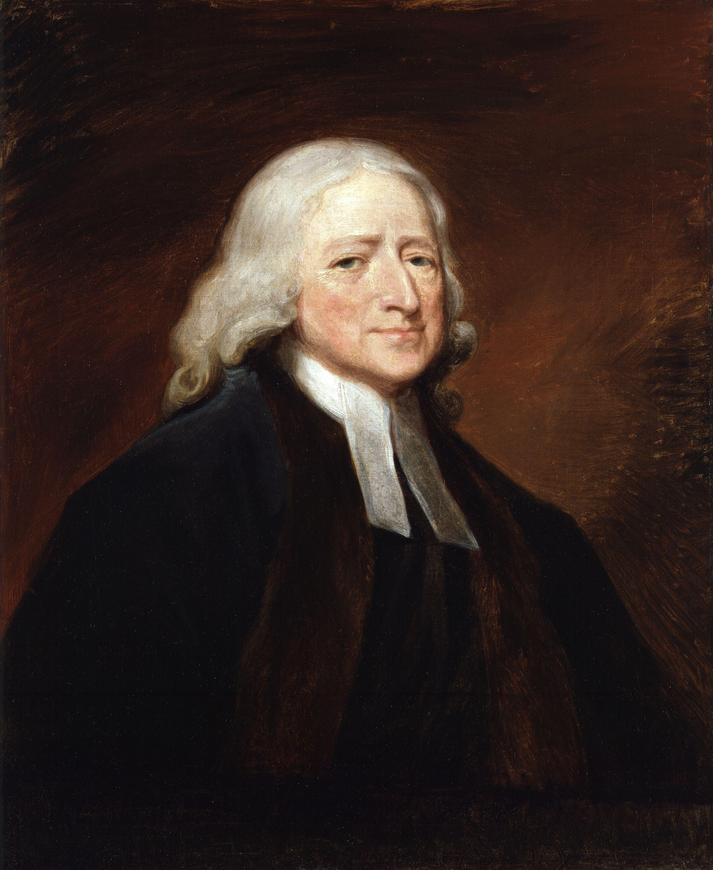 Portrait of John Wesley by George Romney. Painting of man with white hair and white collar. 