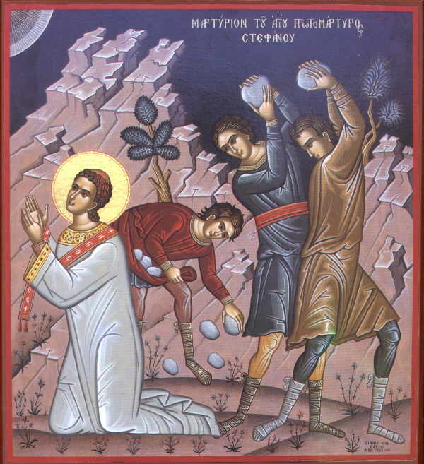 The Martyrdom of Saint Stephen Icon Art depicting Saint Stephen praying while his accusers are gathering stones. 