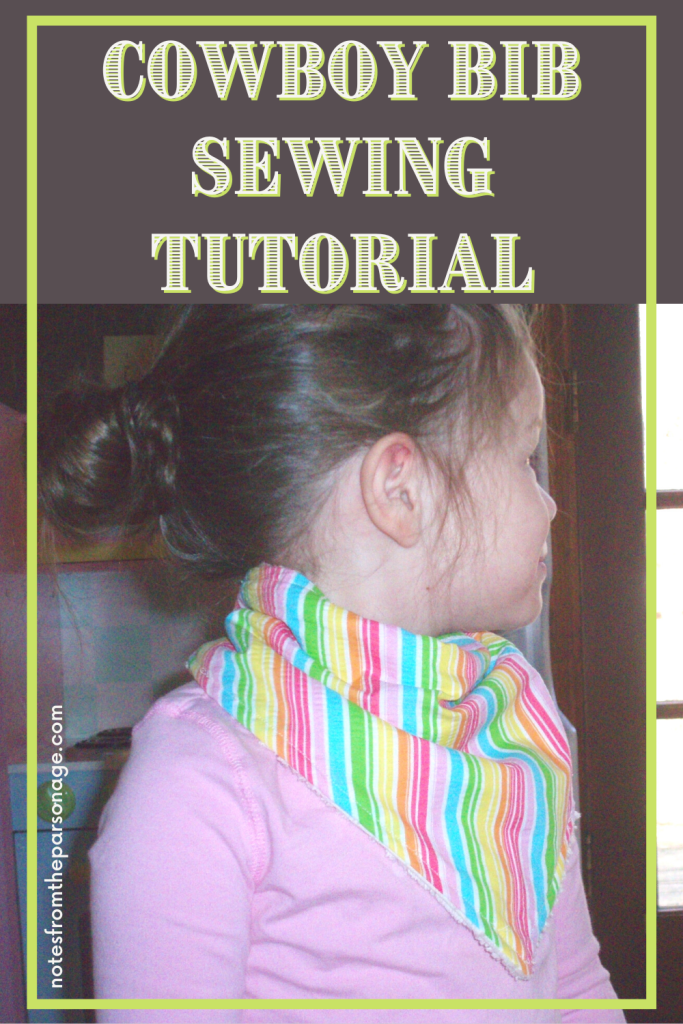 Image of girl wearing cowboy bib with words "cowboy bib sewing tutorial" printed on top