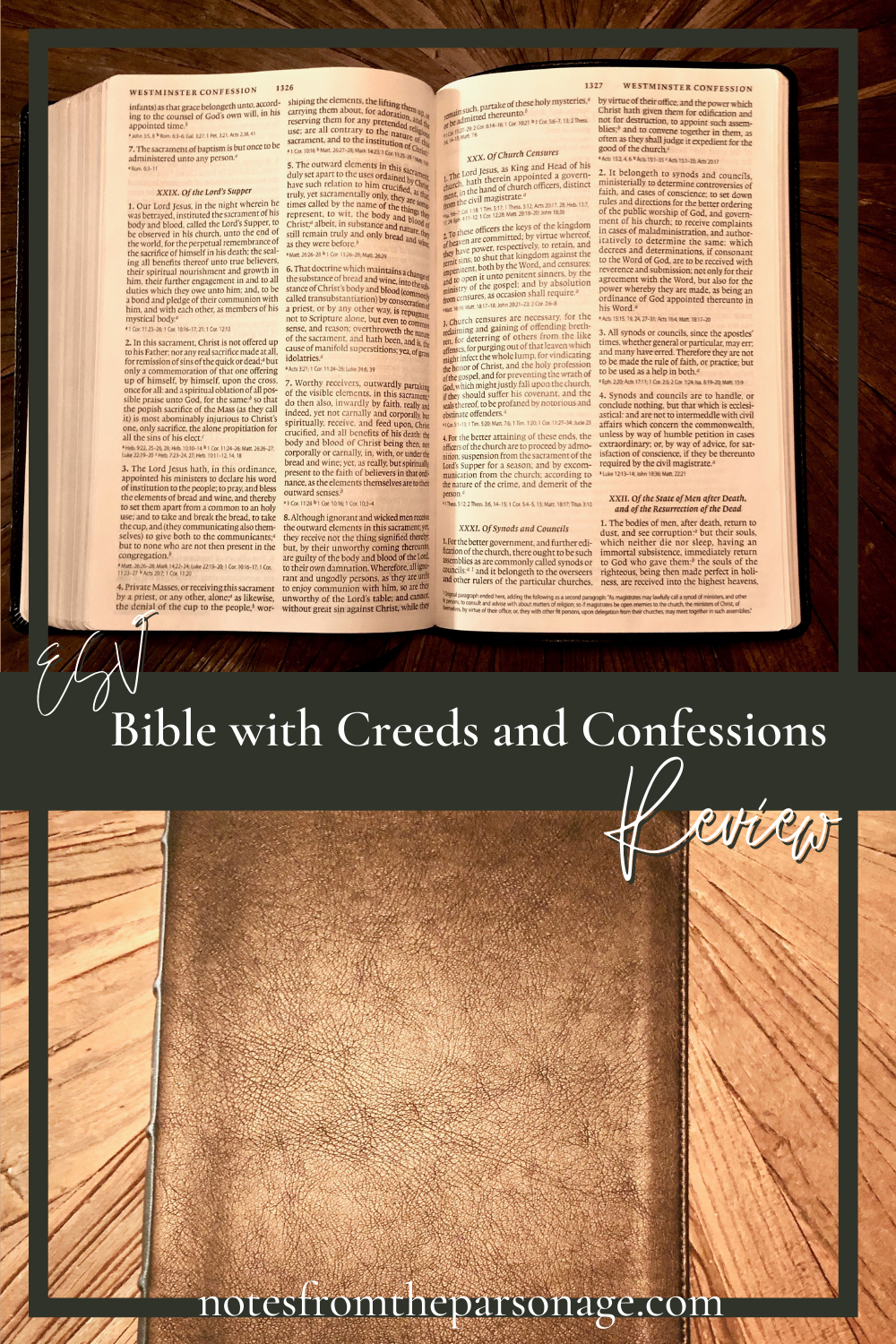Two images of the ESV Bible with Creeds and Confessions on a Pinable image.