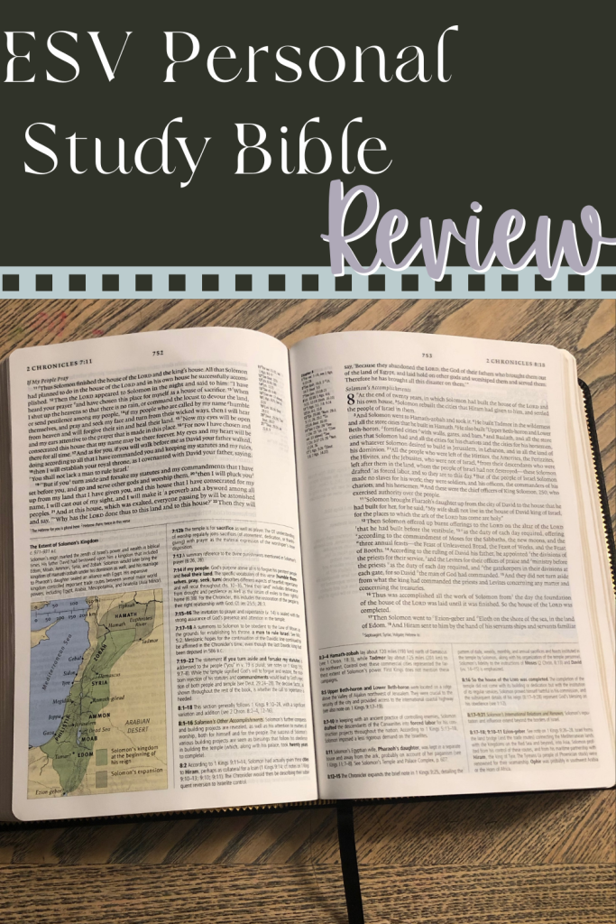 ESV Personal Study Bible Review graphic with picture of open Bible on the bottom and words on the top
