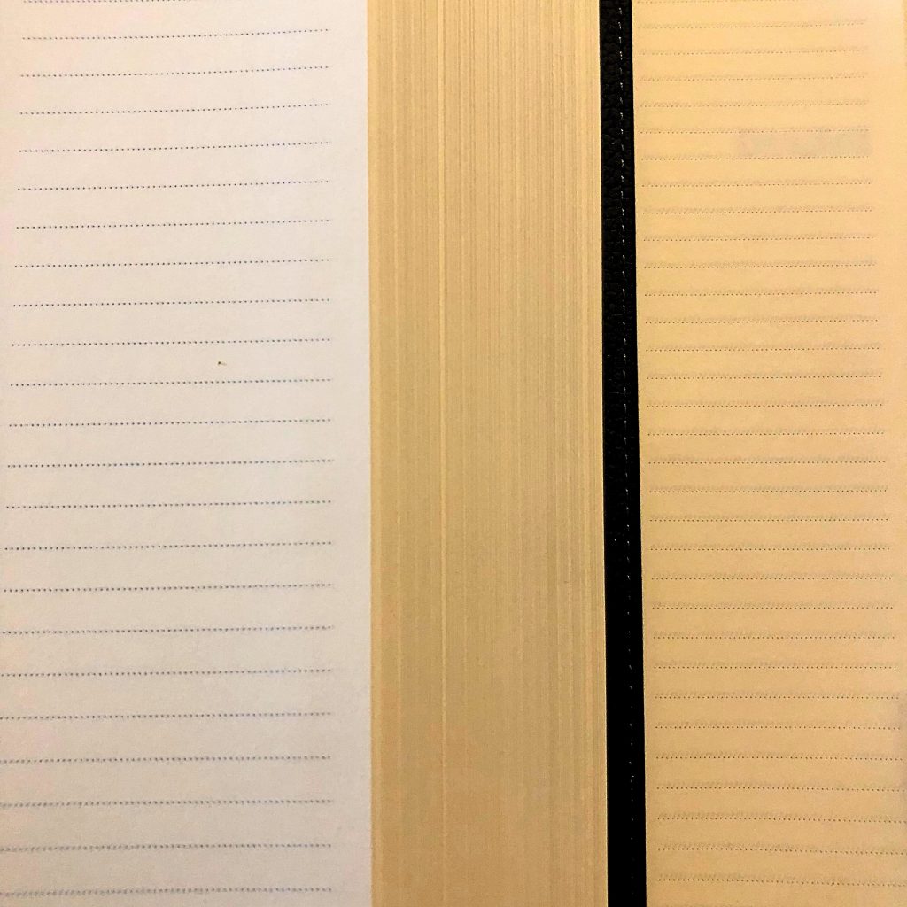 Side by side image of the lines of a large print journaling Bible (top) and the regular print journaling Bible (bottom) to compare the line spacing and size. 