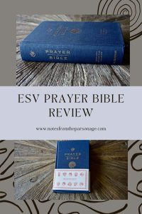 Pinterest image collage of ESV Prayer Bible on wooden table with title "ESV Prayer Bible Review" in the center of image. 