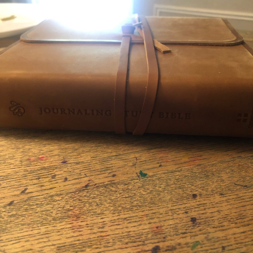 Spine of the ESV Journaling Study Bible on a paint marked wooden table. 
