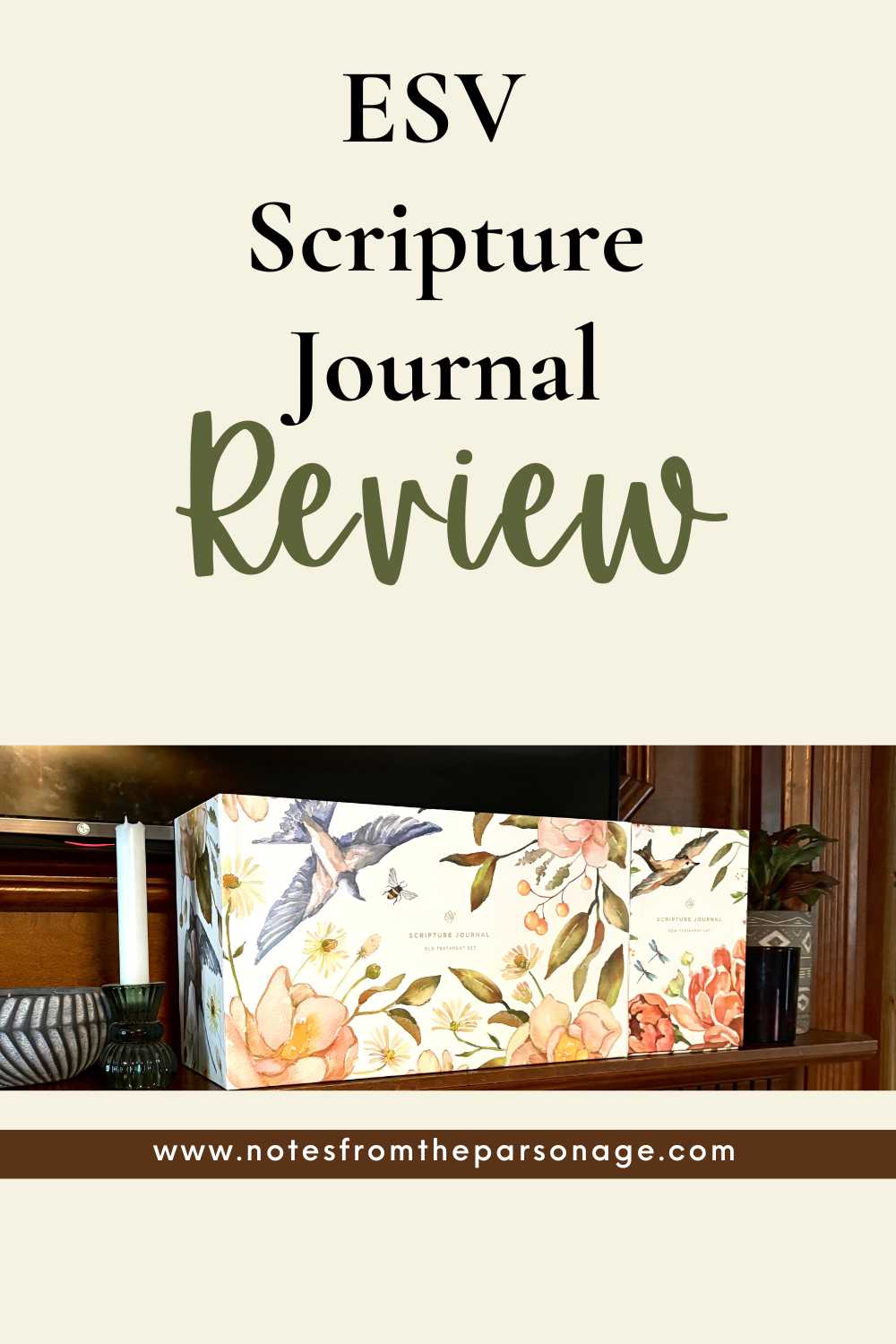 Image of the large ESV Scripture Journal set with watercolor artwork by Ruth Chou Simons on a wooden mantle.