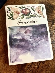 Cover of a book that is watercolor painted with starry sky on bottom and flowers on top with "Genesis" written in cursive in the middle. 