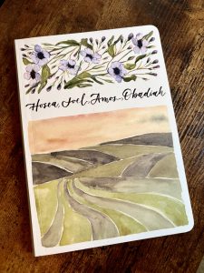 Front of book with watercolor painting of fields on bottom of book cover and flowers on top with "Hosea, Joel, Amos, Obadiah" written in cursive across the middle of the Scripture Journal cover. 